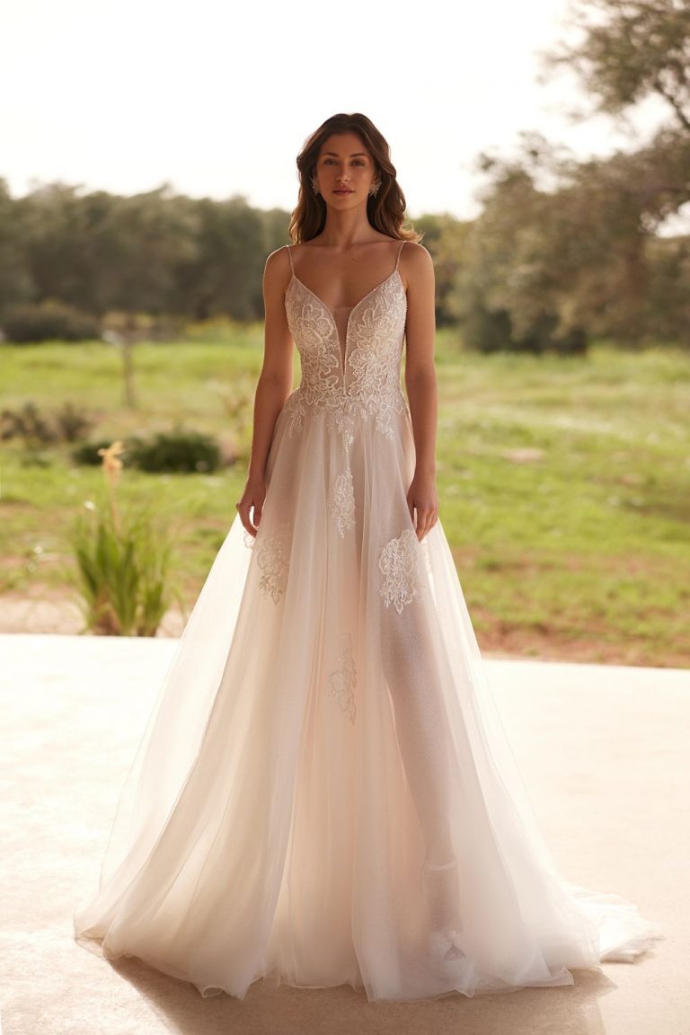 Traumhaftes A-Linien-Brautkleid mit V-Ausschnitt, floraler Spitze und schimmerndem Tüll, frontal fotografiert.