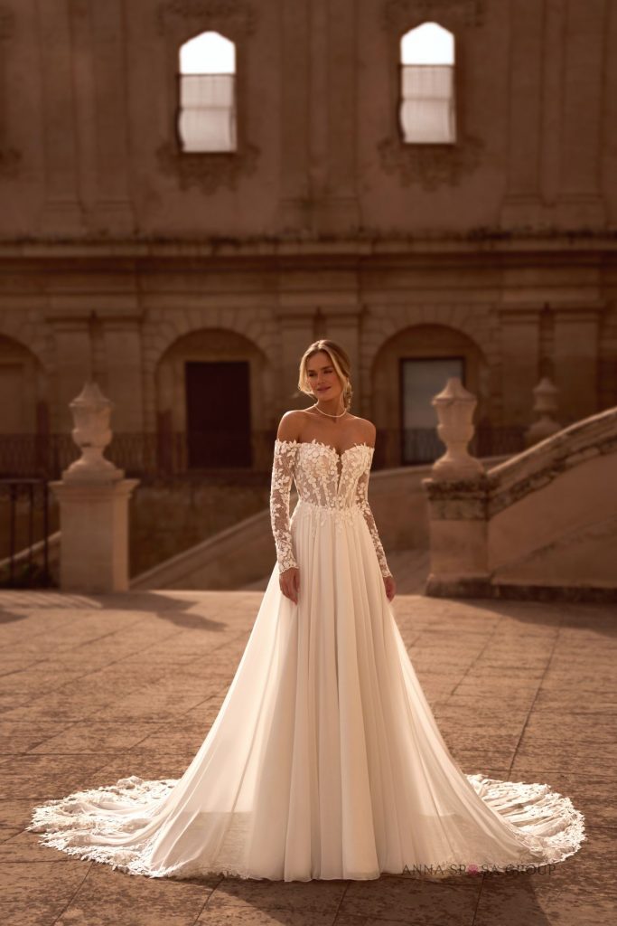Brautkleid mit floralem Spitzenmieder und abnehmbaren Off-Shoulder-Spitzenärmeln – White Lady