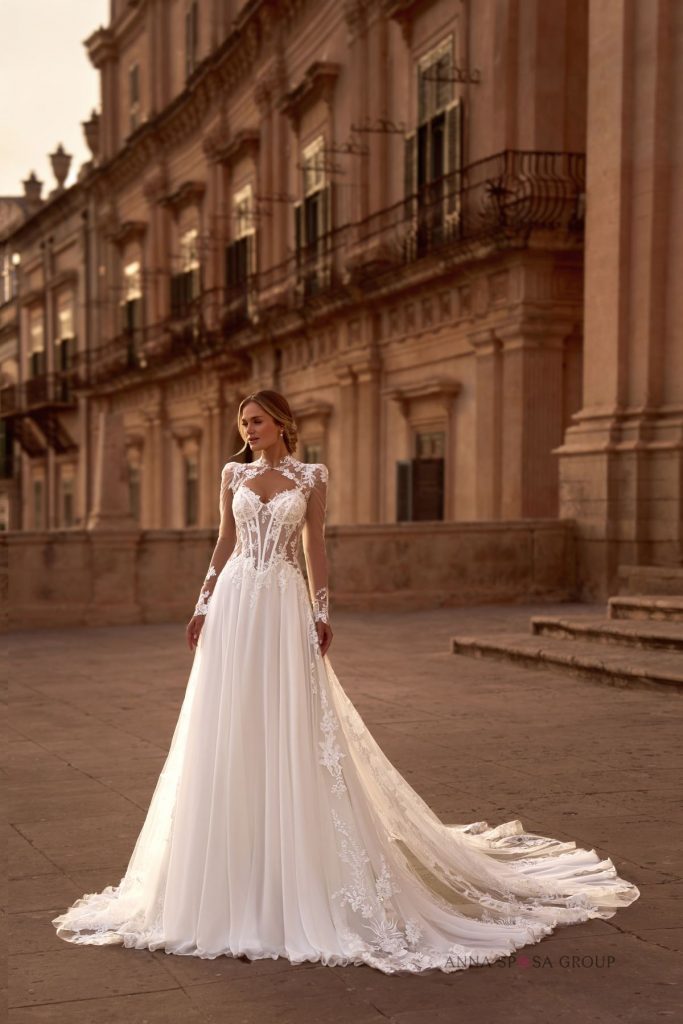 Boho-Brautkleid mit Chiffonrock, floraler Spitze und abnehmbarem Spitzenbolero mit Stehkragen – White Lady
